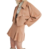 Sage The Label Nurture Vegan Suede Notch Collar Neck Long Sleeve Cropped Trench Coat