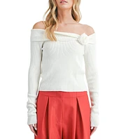 Sage The Label Off-The-Shoulder Neck Long Sleeve Rosette Sweater Top