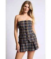 Sage The Label Old Money Plaid Print Strapless Neck Sleeveless Button Front Bustier Top