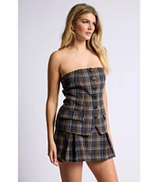 Sage The Label Old Money Plaid Print Strapless Neck Sleeveless Button Front Bustier Top