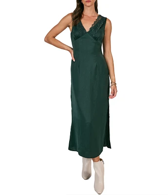 Sage The Label Write Poetry Satin V Neck Sleeveless Lace Trim Maxi Dress