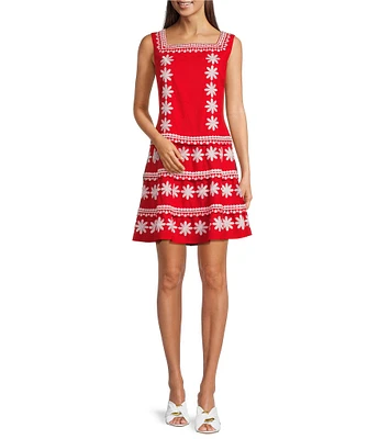 SAIL to SABLE Embroidered Square Neck Sleeveless A-Line Mini Dress