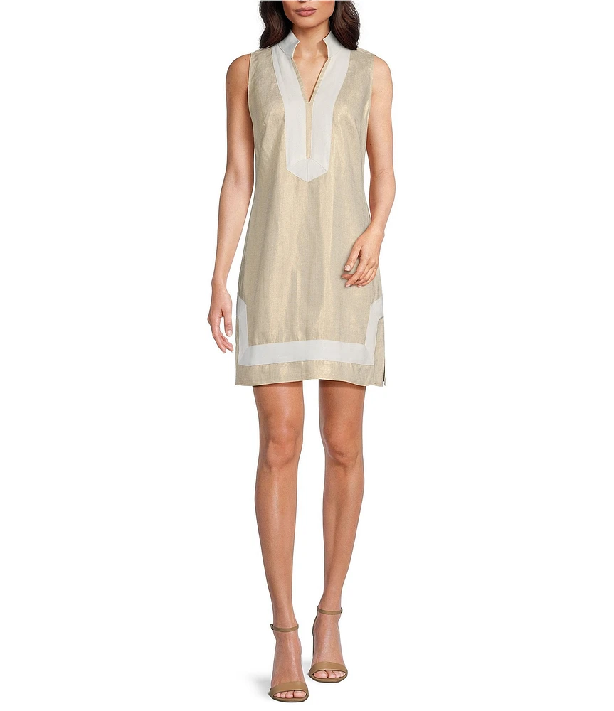 SAIL to SABLE Gold Linen Blend Split Neck Sleeveless Tunic Dress
