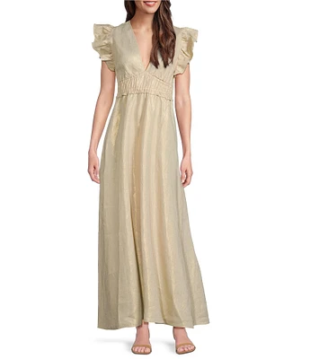 SAIL to SABLE Gold Linen Blend V-Neck Flutter Sleeve A-Line Midi Dress