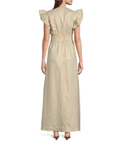 SAIL to SABLE Gold Linen Blend V-Neck Flutter Sleeve A-Line Midi Dress