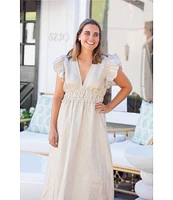 SAIL to SABLE Gold Linen Blend V-Neck Flutter Sleeve A-Line Midi Dress