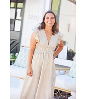 SAIL to SABLE Gold Linen Blend V-Neck Flutter Sleeve A-Line Midi Dress