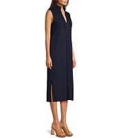 SAIL to SABLE Linen Blend Stand Collar Button Front Detail Sleeveless Side Slit Midi Shirt Dress