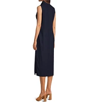 SAIL to SABLE Linen Blend Stand Collar Button Front Detail Sleeveless Side Slit Midi Shirt Dress