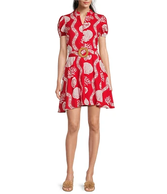 SAIL to SABLE Sea Stripe Print Mandarin Collar Short Puff Sleeve Belted Shirt Dress