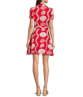 SAIL to SABLE Sea Stripe Print Mandarin Collar Short Puff Sleeve Belted Shirt Dress