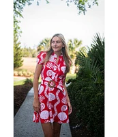 SAIL to SABLE Sea Stripe Print Mandarin Collar Short Puff Sleeve Belted Shirt Dress