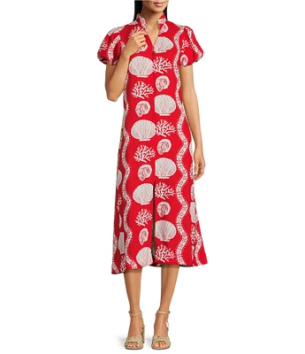SAIL to SABLE Sea Stripe Print Mandarin Collar Short Puff Sleeve Midi Dress