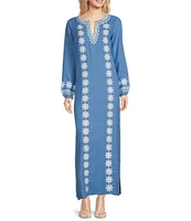 SAIL to SABLE Woven Embroidered Split V-Neck Long Sleeve Caftan Dress