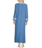 SAIL to SABLE Woven Embroidered Split V-Neck Long Sleeve Caftan Dress