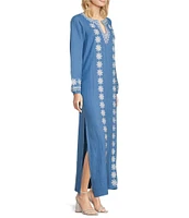 SAIL to SABLE Woven Embroidered Split V-Neck Long Sleeve Caftan Dress