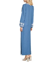 SAIL to SABLE Woven Embroidered Split V-Neck Long Sleeve Caftan Dress