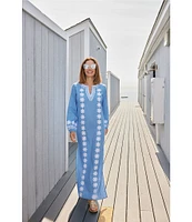 SAIL to SABLE Woven Embroidered Split V-Neck Long Sleeve Caftan Dress