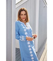 SAIL to SABLE Woven Embroidered Split V-Neck Long Sleeve Caftan Dress