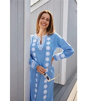 SAIL to SABLE Woven Embroidered Split V-Neck Long Sleeve Caftan Dress