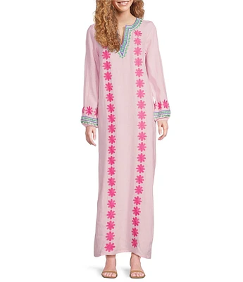 SAIL to SABLE Woven Floral Embroidered Split V-Neck Long Sleeve Caftan Dress