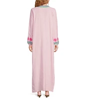 SAIL to SABLE Woven Floral Embroidered Split V-Neck Long Sleeve Caftan Dress