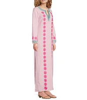 SAIL to SABLE Woven Floral Embroidered Split V-Neck Long Sleeve Caftan Dress