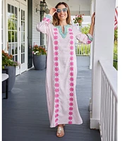 SAIL to SABLE Woven Floral Embroidered Split V-Neck Long Sleeve Caftan Dress