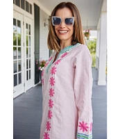 SAIL to SABLE Woven Floral Embroidered Split V-Neck Long Sleeve Caftan Dress