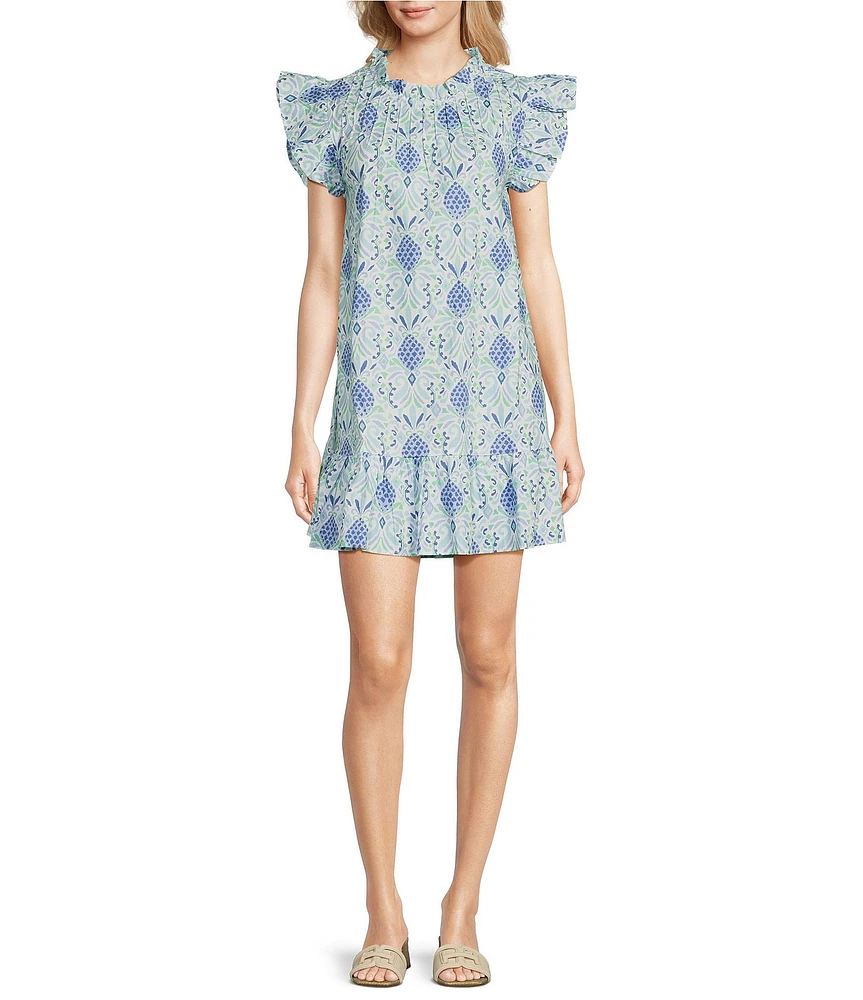 SAIL to SABLE Woven Pineapple Print Ruffle Mock Neck Flutter Sleeve Shift Dress