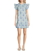 SAIL to SABLE Woven Pineapple Print Ruffle Mock Neck Flutter Sleeve Shift Dress