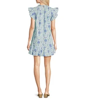 SAIL to SABLE Woven Pineapple Print Ruffle Mock Neck Flutter Sleeve Shift Dress