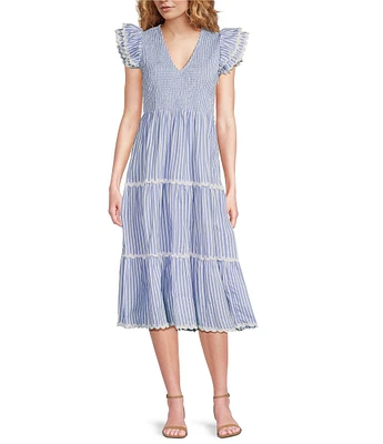 SAIL to SABLE Woven Stripe Print V-Neck Flutter Sleeve Tiered Dress