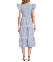 SAIL to SABLE Woven Stripe Print V-Neck Flutter Sleeve Tiered Dress