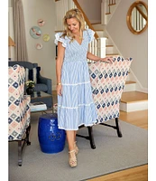 SAIL to SABLE Woven Stripe Print V-Neck Flutter Sleeve Tiered Dress