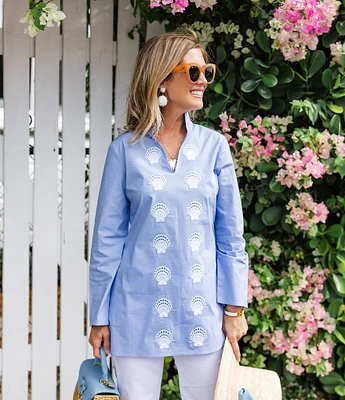 SAIL to SABLE x Palm Beach Lately Embroidered Shell Mandarin V-Neck Long Sleeve Tunic