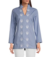 SAIL to SABLE x Palm Beach Lately Embroidered Shell Mandarin V-Neck Long Sleeve Tunic