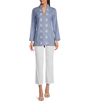 SAIL to SABLE x Palm Beach Lately Embroidered Shell Mandarin V-Neck Long Sleeve Tunic
