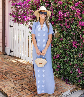 SAIL to SABLE x Palm Beach Lately Embroidered Shell Mandarin V-Neck Short Sleeve Caftan Dress