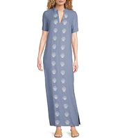 SAIL to SABLE x Palm Beach Lately Embroidered Shell Mandarin V-Neck Short Sleeve Caftan Dress