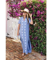 SAIL to SABLE x Palm Beach Lately Embroidered Shell Mandarin V-Neck Short Sleeve Caftan Dress