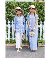 SAIL to SABLE x Palm Beach Lately Embroidered Shell Mandarin V-Neck Short Sleeve Caftan Dress
