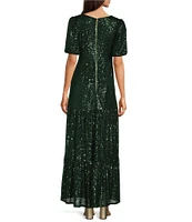 Sail To Sable x Style Charade Ava Sequin Deep V-Neck Short Puff Sleeve Tiered Maxi Dress