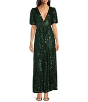 Sail To Sable x Style Charade Ava Sequin Deep V-Neck Short Puff Sleeve Tiered Maxi Dress