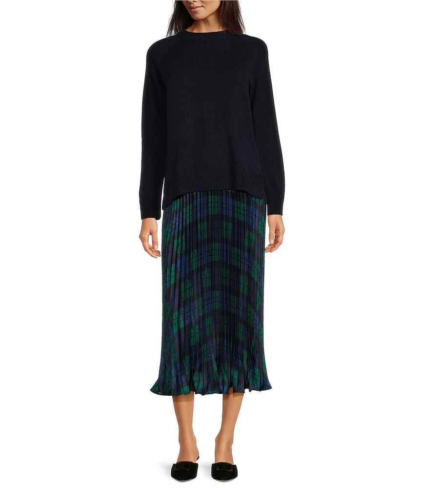 Sail To Sable x Style Charade 2-Piece Combo Crew Neck Long Sleeve Sweater With Blackwatch Plaid Pleated Slip Dress