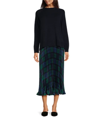 Sail To Sable x Style Charade 2-Piece Combo Crew Neck Long Sleeve Sweater With Blackwatch Plaid Pleated Slip Dress