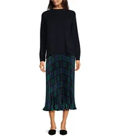Sail To Sable x Style Charade 2-Piece Combo Crew Neck Long Sleeve Sweater With Blackwatch Plaid Pleated Slip Dress