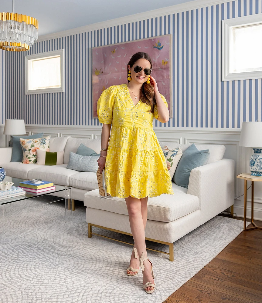 SAIL to SABLE x Style Charade Charlotte Eyelet V-Neck Elbow Sleeve Dress