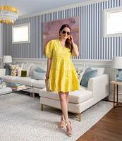 SAIL to SABLE x Style Charade Charlotte Eyelet V-Neck Elbow Sleeve Dress