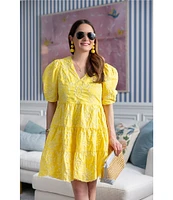 SAIL to SABLE x Style Charade Charlotte Eyelet V-Neck Elbow Sleeve Dress